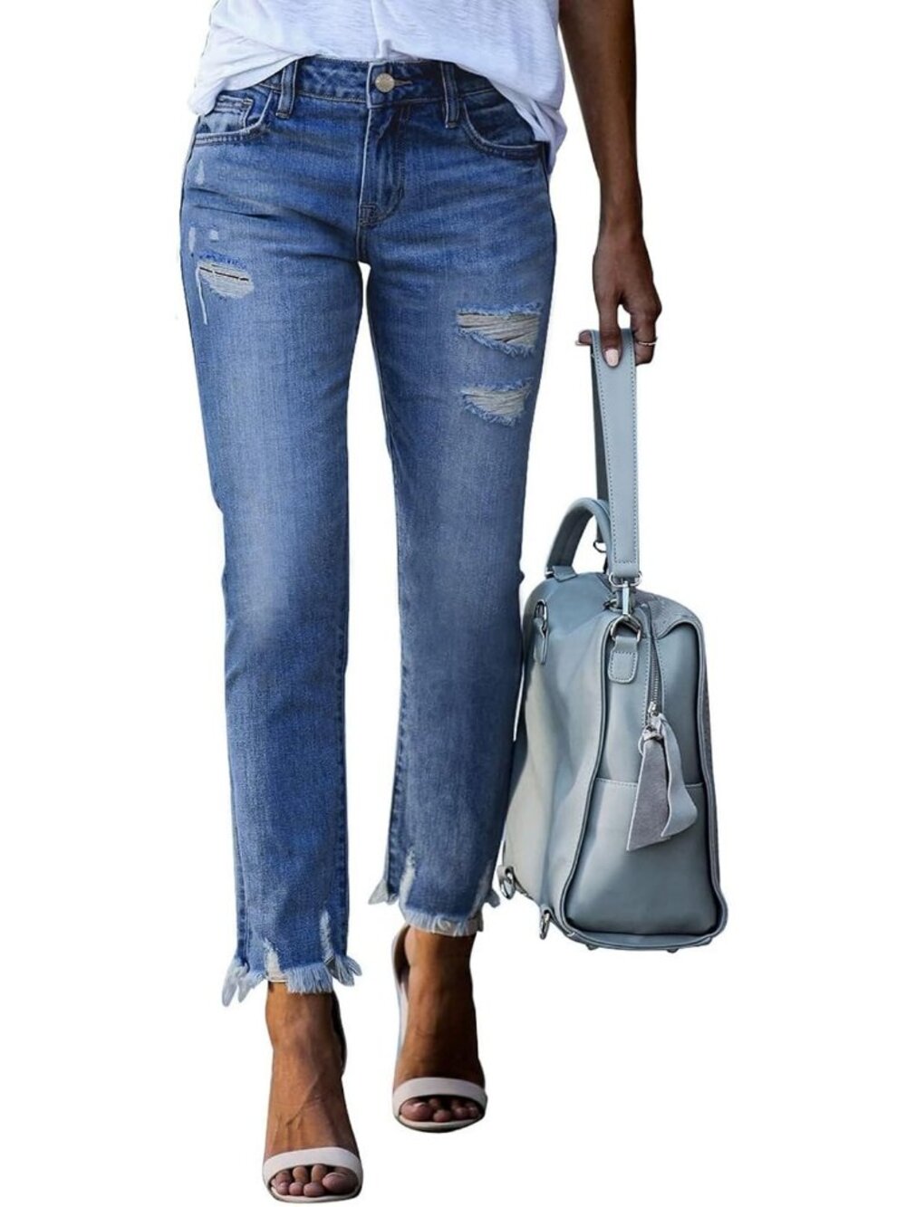 Women's Blue Flat Front Distressed Y2k Casual Pull On High Waisted Ankle Jeans